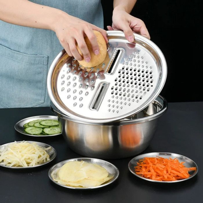 3 In 1 Multifunctional Stainless Steel Basin With Vegetable Cutter with Drain Basket